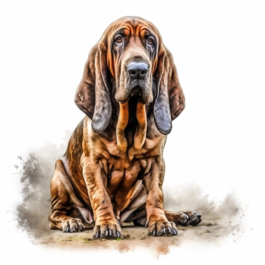 bloodhound watercolour paintingsitting realistic yet stylized, digitally enhanced, clipart, 32k uhd, detailed crosshatching white background