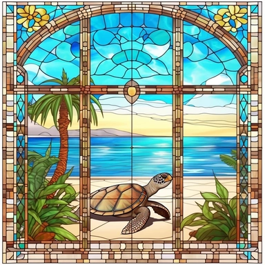 Rectangular stained glass window design, 90 degree square corners, no background, view from solarium in atrium, turtle among palm trees beach sea, very detailed, clipart, clear crisp colors, photorealistic, oil paint, happy, beautiful, bright colors, cute, ultra-detailed , on a white background - - without cropping