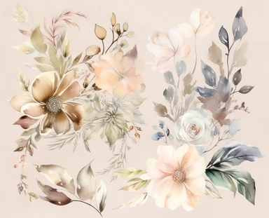 watercolor flower clip art for april, in the style of dreamlike composition, ethereal foliage, luxurious fabrics, pictorial dreams, beige, use of bright colors, poetic pastoral scenes