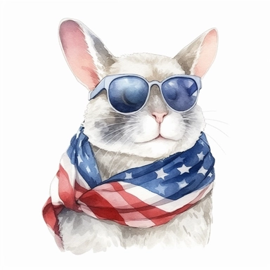 closeups shot, low angle, watercolor style, Chinchilla is sitting, wears American flag scarf and sunglasses, hyper-realistic animal illustrations, 2d game art, quadratura, clipart, on white background,