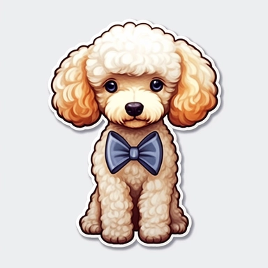 full body poodle dog sticker with bow on head, modern style animated, white background, cute eyes, die cut sticker, no image noise, clipart, no hyper detailed lettering, maximum detail-8k