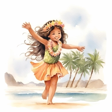 watercolour, beautiful soft colours, tropical island setting, showcase an adorable little Hawaiian girl doing the hula on the beach with her family, she feeling is happy, celebration, they are all wearing flowers in their hair, beautiful clipart style