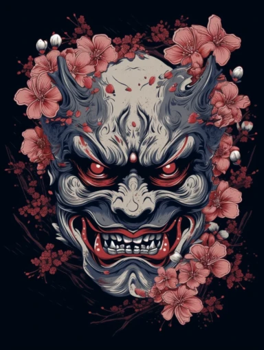 t shirt design,hannya mask, cherry blossoms, abstract, simple, clipart, detailed, vector graphic,