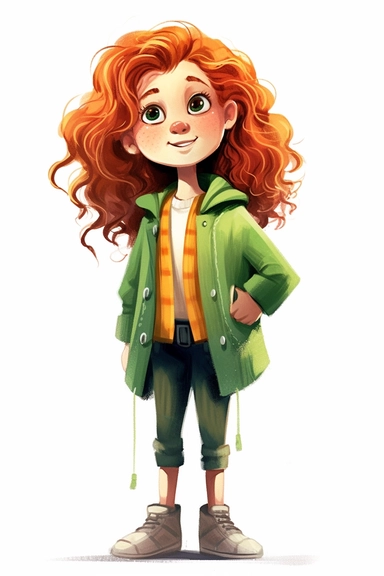 4 year old cartoon Pretty children, cute cartoon white girl with red long curly hair, wearing green trousers and green coat, smiling with her arms crossed. Pixar childrens book cartoon style, detailed, modern, urban, watercolor, full color, flat color, wh