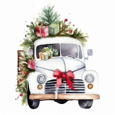 white Christmas Truck clipart Decoration on white background, watercolor bright high resolution