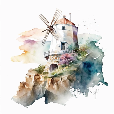 windmill on cliff watercolor,all white background, clipart