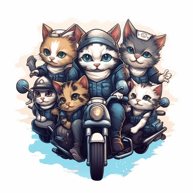 Create a clipart of a group of cute cats riding motorcycles together, perhaps forming a motorcycle gang. Low detail. White background, soft lighting. In the style of Bob Ross