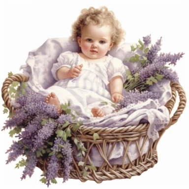 A Victorian baby, nestled comfortably in a wicker basket filled with soft, fresh lavender. The infant's clothes, made of fine white cotton, are adorned with tiny embroidered flowers. Intricate detail, hyper-realistic, solid white background. Clipart.