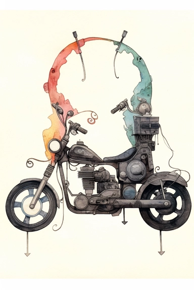 basic, simple, understated, Black only and solid shapes and colors, ink line clip art of a stunt motor bike on a white background, showing the duality between good and evil, embattled, fortitude, Intricate, Vibrant, Symbolic in the style of craft and artistry , jane crowther, and David Choe, whimsical black line art, anastasiya dobrovolskaya, constantin brancusi, hopi art,