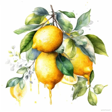 png clipart on a white background of a mesmerizing watercolor clear-lined illustration. The composition is central with a clear outline using bold and saturated complementary colors. In the style of Studio Ghibli, the illustration is realistic and detailed depicting a lemon garland