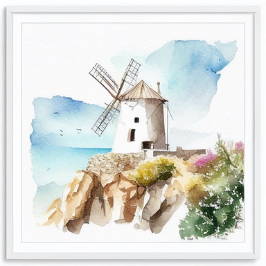 windmill on cliff watercolor,all white background, clipart