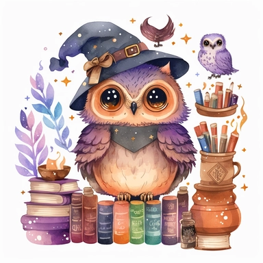 Watercolour cute witches owl, wearing a witch hat, clipart. The owl is sitting on a bookshelf, surrounded by books and potions. Its feathers are a mix of dark and orange shades, and its eyes are looking directly at the viewer. The witch hat has a purple ribbon, and the owl is holding a feather quill in its wing. The bookshelf is in a dark, candlelit room, with cobwebs and a cauldron in the corner. The books have titles like The Art of Witchcraft and Magical Potions and Spells. The potions on the