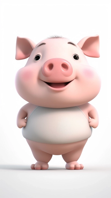 Front view of animated big belly pig standing wearing t-shirt character design, full body, face drawing in top quality, high quality face drawing, clipart, full illustration, 4k, sharp focus, Soft skin, symmetrical, detailed face, concept art, storybook style, chibi kawaii. Octane rendering, 3D, perfect face, detailed face, delicate face, sharp lips. Perfect, detailed eyes