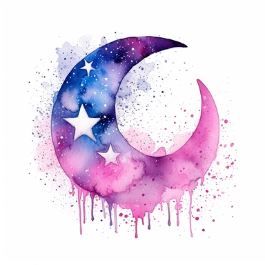 double expressions, watercolor, water splash, hand drawn, whismical blue pink black color stars, moon, cresent magical vibes, clipart, hd, on white background
