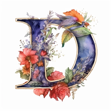 Watercolor illuminated initial, letter D , Clipart, D, witchy, magical, whimsical , white background, png