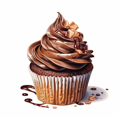 incredible detailed acrylic painted , dark chocolate cupcake with a beautiful decoration of dark brown glossy chocolate cream, clipart, hyperrealism, clear picture in high resolution, highlights , white background, appetizing, clear and contrast image, reflections, very detailed drawing, menu illustration, realism, high quality, lighting like in a photo studio, advertising, hd