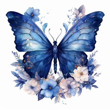 Beautiful clipart of a butterfly animal in flowers, in the style of artgerm, watercolor, animal motifs, Dark blue tones, amedee ozenfant, he jiaying, oshare kei