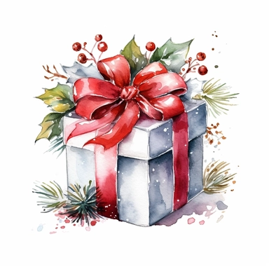 Christmas gift box watercolor illustration. Clipart element on white background