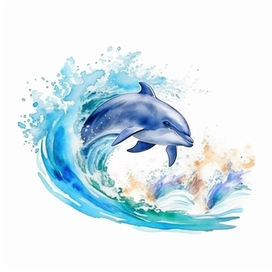 Watercolor hand-drawn dolphin illustration - jumping up from the foamy ocean wave, playful, happy mammal. Character, logo, children wallpaper, doodle, cartoon. Marine clip art. Ocean, sea inhabitant. White Background
