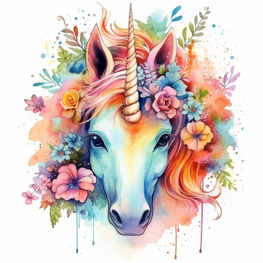 complex water color floral kid unicorn clipart, cuteness in eyes, highly detailed and contrast and high resolution image, high definition, unicorn going to jungle and intense and pleasing colors