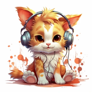 cute kitten listening to music in the style of skottie young, clipart