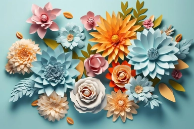 3d render, craft paper flowers, floral clip art set, botanical design elements, bright candy color, isolated on sky blue background vector art illustration