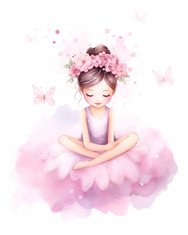 drawing watercolor clipart for a girl nursery of a beautiful chinese ballerina with pink flowers in her hair, sitting on a cloud in her pink ballerina clothes smiling, whilst sprinkling pink flowers. 8k.