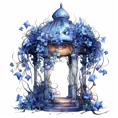Blue highly detailed watercolor clipart, Enchanted gazebo with swirling vines and hanging lights, flowers, fantasy, highly detailed, fantasy cartoon illustration, different shades of blue, whimsical, UHD, 8K, 3D, solid white background