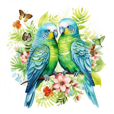 watercolor clipart, two green Budgerigar Parrots in love with tropical gardens, sweet hearts around, watercolor sublimation design, Sublimation Clipart, hyper realistic, intricate detail, illustration style, isolated on white background for removing background, Super-Resolution, Megapixel