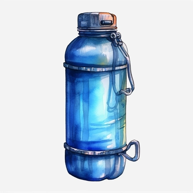 watercolor, Water bottle - of a water bottle or hydration pack. png Full body realistic cartoon in 32K UHD cute. 15 cm thick outline. Black color. There was no shadow on the ground. 8k with realistic watercolors and detailed illustrations. PNG clipart, transparent white background