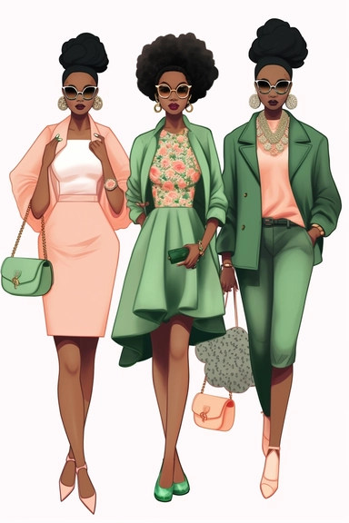 you are the best graphic designer in the world, you have been asked to design clip art for alpha kappa alpha to you in their branding and marketing. The clipart consist of detailed 3 Afroamerican modern, successful, women who only wear pink and green fashionable clothes. their looks and features are crisp and clear, detailed specific, photo realistic illustrations, in the style of bamileke art, realistic and hyper-detailed renderings, 32k uhd, designs, realistic oil portraits, vector, white back