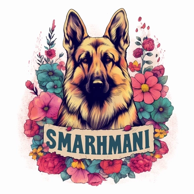 german shepherd dog surrounded by bold colorful flowers, with a scroll that says german shepherd mama, clipart style