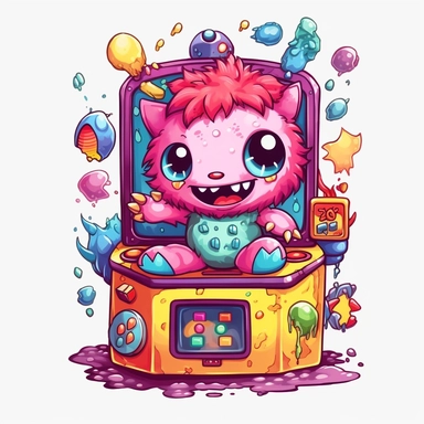 cute and funny little monster playing videogames arcade, transparent clipart graphic