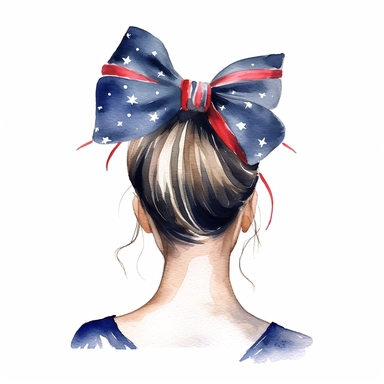 Watercolor messy bun girl with American flag bow clipart, white background