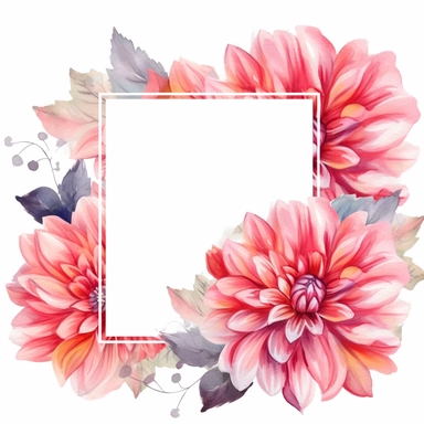 detailed vibrant watercolor cute rectangle pink dahlia flower border with border line and with wide middle white space , isolated on white background, realistic, clipart