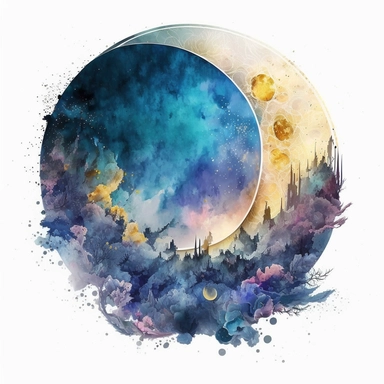 fantasy moon clipart circle on a white background, fantasy watercolor illustration, detailed, high res 8k