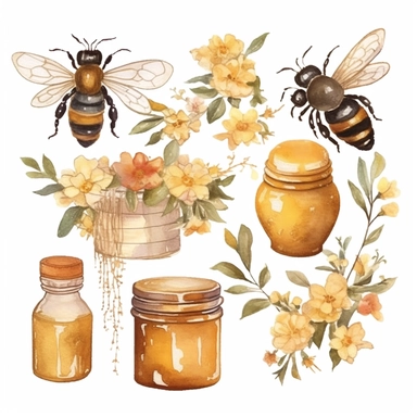 Watercolor honey bee clipart in isolated white background, beehives and flower arrangements, spring garden bee and honey drops, casks and jars of honey, in the style of luxurious fabrics, golden and red hues, colorful, storybook-like, bloomcore, gold leaf accents, precis thin lines, pastoral charm, digital print, beatrix potter, high quality, ultra detailed