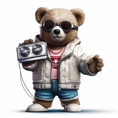 clipart of a cool Teddy bear wearing a tracksuit, with a dollar sign necklace and a boombox on its shoulder, white background, in the style of cyberpunk realism, chiaroscuro portraiture, street style realism, ultra hd, Leica m6,
