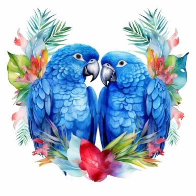 watercolor clipart, two blue Eclectus Parrots in love with tropical gardens, sweet hearts around, watercolor sublimation design, Sublimation Clipart, hyper realistic, intricate detail, illustration style, isolated on white background for removing background, Super-Resolution, Megapixel