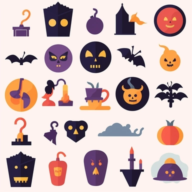 These Halloween clipart icons come with a transparent background, making them ideal for incorporating into spooky designs. The set includes classic Halloween elements such as a carved pumpkin, a witch on a broomstick, ghosts, bats, black cats, spiders, and cobwebs. The images are designed in bold, contrasting colors to emphasize the eerie and playful atmosphere of Halloween