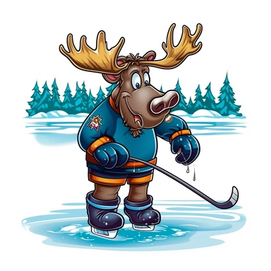 Showcasing a cartoon Moose playing hockey on a frozen lake. The design should capture the Moose's comical nature and incorporate a popular Canadian sport. The artwork can be lively and humorous, with the Moose wearing a hockey jersey and holding a hockey stick.r, that can be used as a sticker, colorful, highly detailed, white background, style of pixar clipart, white background,--no cut off edges