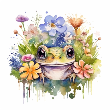 a clip art of a cute frog face surrounded by wild flowers watercolored