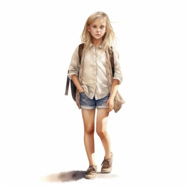 feminine watercolor line artwork clipart illustration of a school kid full body in neutral realistic colors, isolated on a white background, spaced out, 4k, hyper realistic