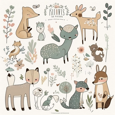 clipart featuring cute, whimsical animals in a variety of poses and situations. The clipart should have a hand-drawn, sketchy style with soft, muted colors to give them a vintage feel. The animals could include woodland creatures such as foxes, rabbits, and deer, or domestic animals such as cats, dogs, and horses. The animals should be depicted doing everyday activities, such as sleeping, eating, playing, or cuddling. Consider including additional elements such as flowers, leaves, or trees to ad