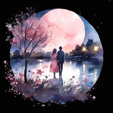 Watercolor, A couple by the river in bloom, night,clipart on black background