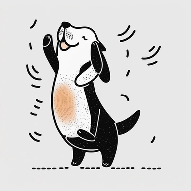 a dancing dog happy and dreamy. cute, clipart, flat 2d vector, minimalist, black and white, kids cartoon, svg cut file, line art drawing
