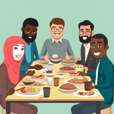 a multicultural lunch between coworkers where veryone brings a meal from their cultural origins. The image has a clear colored background and some white space on top of the image. Everyone is happy. Must but in clipart, cartoon style