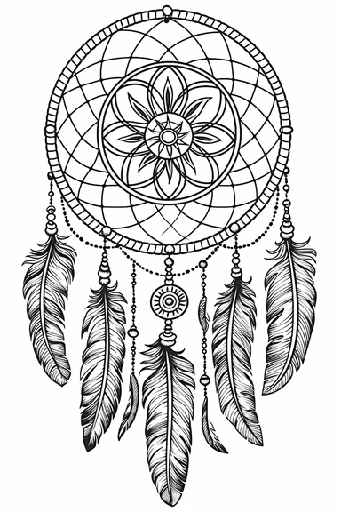 A Native American dreamcatcher with feathers hanging from it, symbolizing protection, dreams, and spirituality., anime style black and white full page pattern coloring page for kids, isolated, black and white, line art, printable outline art, thin lines, digital art, clip art, isolated, anime style, full page, award winning art