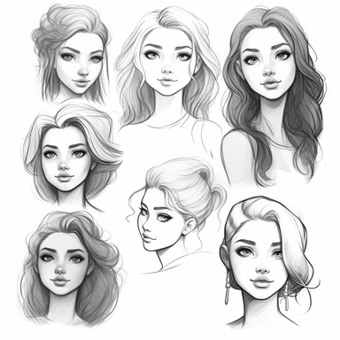 types of girl face cliparts printable, in the style of cute and dreamy, dynamic and expressive animations, pencil sketch
