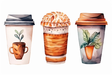 minimalistic clipart set five watercolor clipart, coffee paper cup,